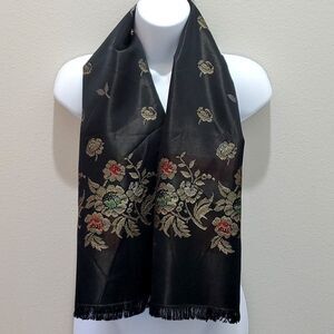 RHODIA MEN VINTAGE SCARF, 11"x46", Black/Gold, Floral, Acetate, Made in France